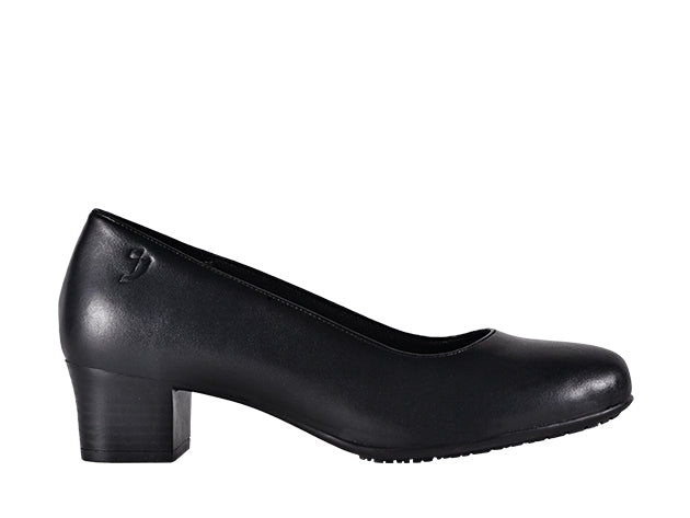 Schwarzer eleganter Arbeitspump für Damen mit rutschfester Sohle und atmungsaktiven Obermaterial.