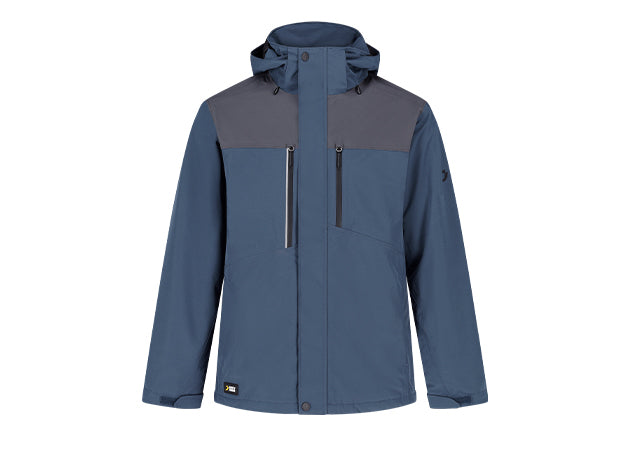 Herren-Outdoorjacke in Jeansblau mit dunkelgrauen Schulterpartien, Kapuze, zwei vertikalen Brusttaschen mit Reißverschluss und zwei seitlichen Eingrifftaschen; funktionales Design mit modernem, zweifarbigem Look.